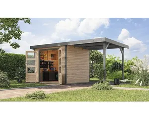 Gartenhaus Karibu Metalwood 3A Blech graualu inkl. Anbaudach 2,35 m 486,5 x 236,5 cm natur