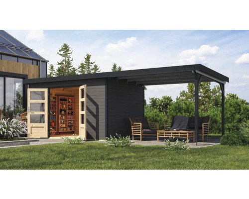 Gartenhaus Karibu Metalwood 2 7B Blech anthrazit inkl. Anbaudach 3 m 692,5 x 273 cm terragrau