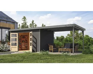 Gartenhaus Karibu Metalwood 2 7B Blech graualu inkl. Anbaudach 3 m 692,5 x 273 cm terragrau