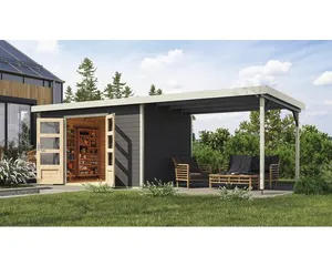 Gartenhaus Karibu Metalwood 2 7B Blech weiß inkl. Anbaudach 3 m 692,5 x 273 cm terragrau
