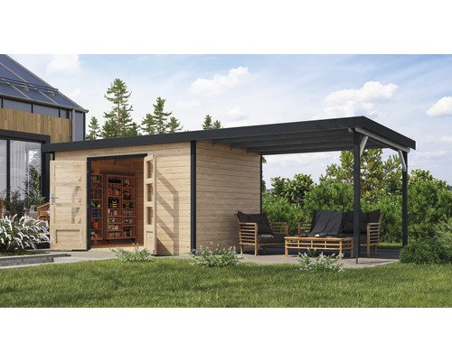 Gartenhaus Karibu Metalwood 2 7A Blech anthrazit inkl. Anbaudach 3 m 692,5 x 273 cm natur