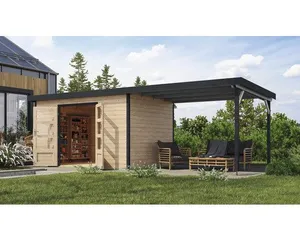 Gartenhaus Karibu Metalwood 2 7A Blech anthrazit inkl. Anbaudach 3 m 692,5 x 273 cm natur