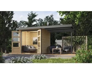 Gartenhaus Karibu Metalwood 2A Blech graualu inkl. Anbaudach 2,35 m 453 x 235 cm natur