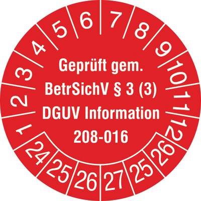 SafetyMarking 30.C2170.24-29 Prüfplakette Geprüft gem. BetrSichV §3 (3), DGUV Information 208-016 2024-2029 Rot/Weiß Fol