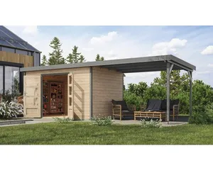 Gartenhaus Karibu Metalwood 2 7A Blech graualu inkl. Anbaudach 3 m 692,5 x 273 cm natur