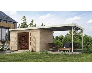 Gartenhaus Karibu Metalwood 2 7A Blech weiß inkl. Anbaudach 3 m 692,5 x 273 cm natur