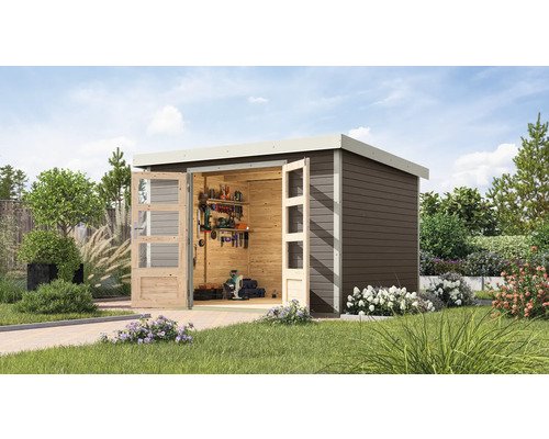 Abri de jardin Karibu Metalwood 5B tôle blanche 320,5 x 266,5 cm gris terre