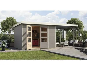 Gartenhaus Karibu Metalwood 5D Blech weiß inkl. Anbaudach 2,35 m 541,5 x 266,5 cm wassergrau