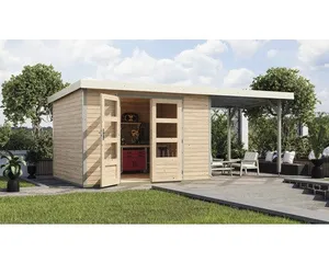 Gartenhaus Karibu Metalwood 5A Blech weiß inkl. Anbaudach 2,35 m 541,5 x 266,5 cm natur
