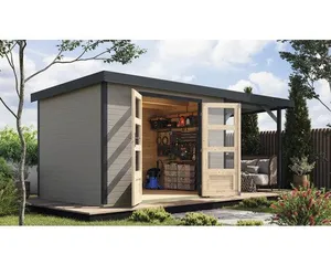Gartenhaus Karibu Metalwood 4D Blech anthrazit inkl. Anbaudach 2,35 m 541,5 x 236,5 cm wassergrau