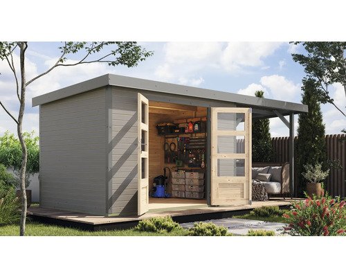 Gartenhaus Karibu Metalwood 4D Blech graualu inkl. Anbaudach 2,35 m 541,5 x 236,5 cmm wassergrau