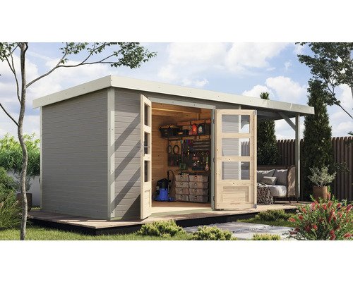 Gartenhaus Karibu Metalwood 4D Blech weiß inkl. Anbaudach 2,35 m 541,5 x 236,5 cm wassergrau