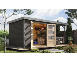 Gartenhaus Karibu Metalwood 4B Blech graualu inkl. Anbaudach 2,35 m 541,5 x 236,5 cm terragrau