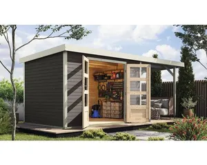 Gartenhaus Karibu Metalwood 4B Blech weiß inkl. Anbaudach 2,35 m 541,5 x 236,5 cm terragrau