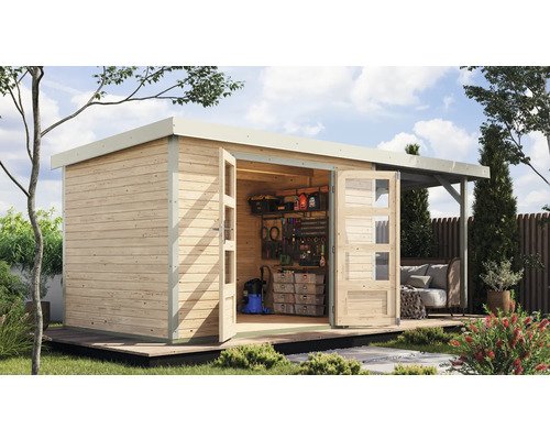 Abri de jardin Karibu Metalwood 4A tôle blanche avec toit rapporté 2,35 m 541,5 x 236,5 cm naturel