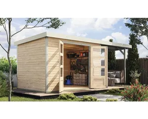 Abri de jardin Karibu Metalwood 4A tôle blanche avec toit rapporté 2,35 m 541,5 x 236,5 cm naturel