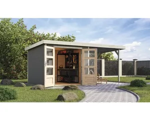 Gartenhaus Karibu Metalwood 3,5D Blech weiß inkl. Anbaudach 2,35 m 486,5 x 266,5 cm wassergrau