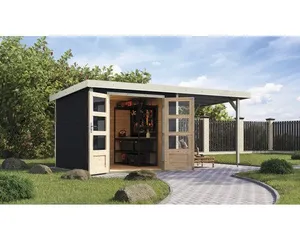 Gartenhaus Karibu Metalwood 3,5C Blech weiß inkl. Anbaudach 2,35 m 486,5 x 266,5 cm anthrazit
