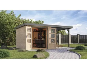 Gartenhaus Karibu Metalwood 3,5A Blech graualu inkl. Anbaudach 2,35 m 486,5 x 266,5 cm natur