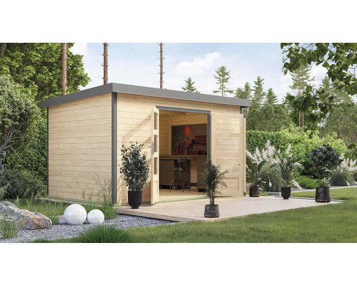 Gartenhaus Karibu Metalwood 2 7A Blech graualu 390 x 273 cm natur