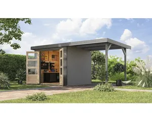 Gartenhaus Karibu Metalwood 3D Blech graualu inkl. Anbaudach 2,35 m 486,5 x 236,5 cm wassergrau