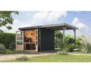Abri de jardin Karibu Metalwood 3C tôle gris alu avec toit rapporté 2,35 m 486,5 x 236,5 cm anthracite