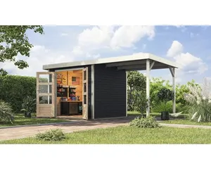 Gartenhaus Karibu Metalwood 3C Blech weiß inkl. Anbaudach 2,35 m 486,5 x 236,5 cm anthrazit