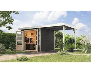 Gartenhaus Karibu Metalwood 3B Blech weiß inkl. Anbaudach 2,35 m 486,5 x 236,5 cm terragrau