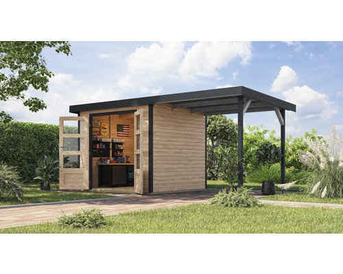 Gartenhaus Karibu Metalwood 3A Blech anthrazit inkl. Anbaudach 2,35 m 486,5 x 236,5 cm natur
