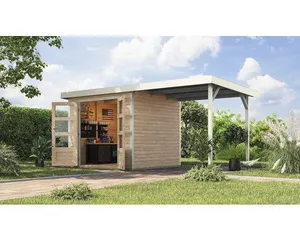 Gartenhaus Karibu Metalwood 3A Blech weiß inkl. Anbaudach 2,35 m 486,5 x 236,5 cm natur