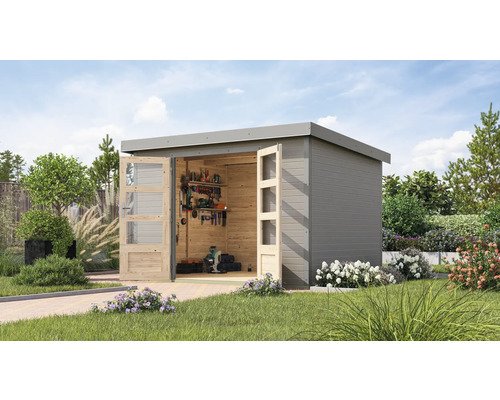 Gartenhaus Karibu Metalwood 5D Blech graualu 320,5 x 266,5 cm wassergrau