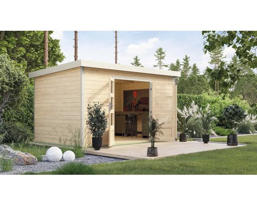 Gartenhaus Karibu Metalwood 2 7A Blech weiß 390 x 273 cm natur