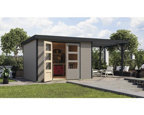 Gartenhaus Karibu Metalwood 5D Blech anthrazit inkl. Anbaudach 2,35 m 541,5 x 266,5 cm wassergrau