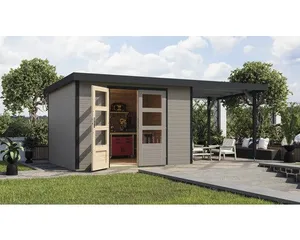 Gartenhaus Karibu Metalwood 5D Blech anthrazit inkl. Anbaudach 2,35 m 541,5 x 266,5 cm wassergrau