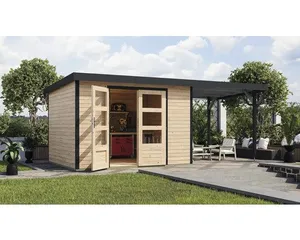 Gartenhaus Karibu Metalwood 5A Blech anthrazit inkl. Anbaudach 2,35 m 541,5 x 266,5 cm natur