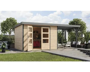 Gartenhaus Karibu Metalwood 5A Blech graualu inkl. Anbaudach 2,35 m 541,5 x 266,5 cm natur