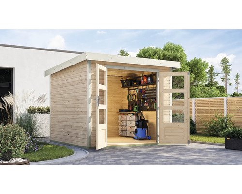 Abri de jardin Karibu Metalwood 3,5A tôle blanche 266 x 266,5 cm naturel