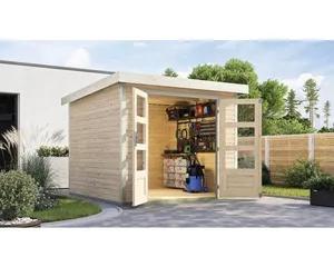 Abri de jardin Karibu Metalwood 3,5A tôle blanche 266 x 266,5 cm naturel