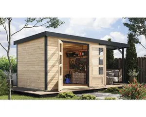 Gartenhaus Karibu Metalwood 4A Blech anthrazit inkl. Anbaudach 2,35 m 541,5 x 236,5 cm natur