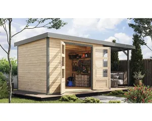Gartenhaus Karibu Metalwood 4A Blech graualu inkl. Anbaudach 2,35 m 541,5 x 236,5 cm natur