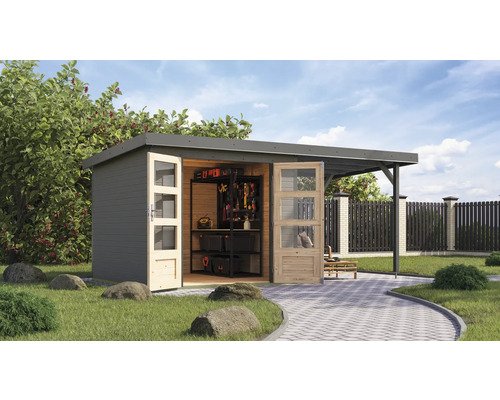 Gartenhaus Karibu Metalwood 3,5D Blech graualu inkl. Anbaudach 2,35 m 486,5 x 266,5 cm wassergrau
