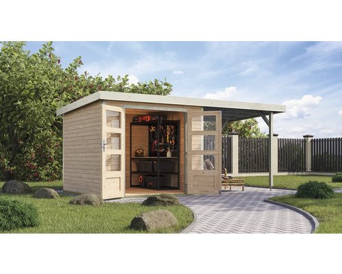 Gartenhaus Karibu Metalwood 3,5A Blech weiß inkl. Anbaudach 2,35 m 486,5 x 266,5 cm natur