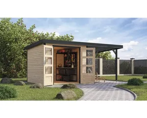 Gartenhaus Karibu Metalwood 3,5A Blech anthrazit inkl. Anbaudach 2,35 m 486,5 x 266,5 cm natur