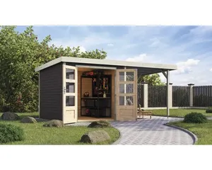 Gartenhaus Karibu Metalwood 3,5B Blech weiß inkl. Anbaudach 2,35 m 486,5 x 266,5 cm terragrau