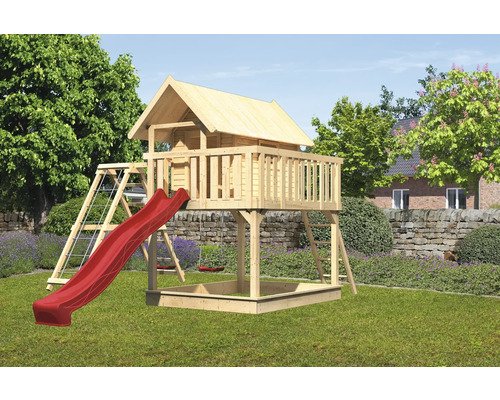 Spielhaus mit Stelzen Karibu Fidel 198 x 243 cm Holz natur
