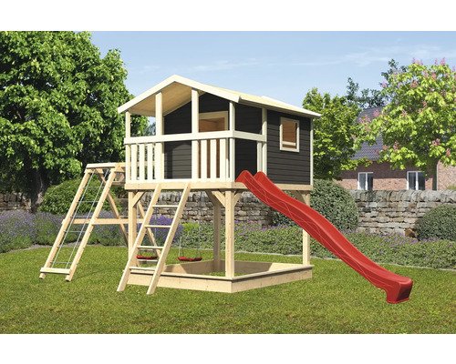 Spielhaus mit Stelzen Karibu Benjamin 198 x 243 cm Holz grau
