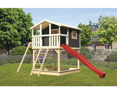 Spielhaus mit Stelzen Karibu Benjamin 198 x 243 cm Holz grau