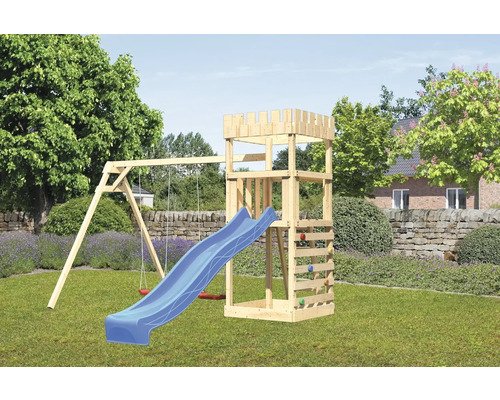 Spielturm Spielhaus Karibu Löwenherz 107 x 107 cm Holz bestehend aus Rutsche, 2 Brettschaukeln, Kletterwand