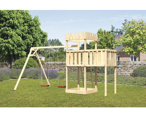 Spielturm Spielhaus Karibu Löwenherz 107 x 107 cm Holz bestehend aus 2 Brettschaukeln, Anbau