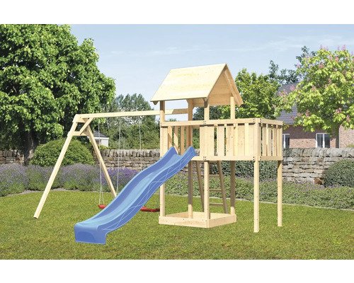Spielturm Spielhaus Karibu Lotti 107 x 107 cm Holz bestehend aus Rutsche, 2 Brettschaukeln, Anbau, blau